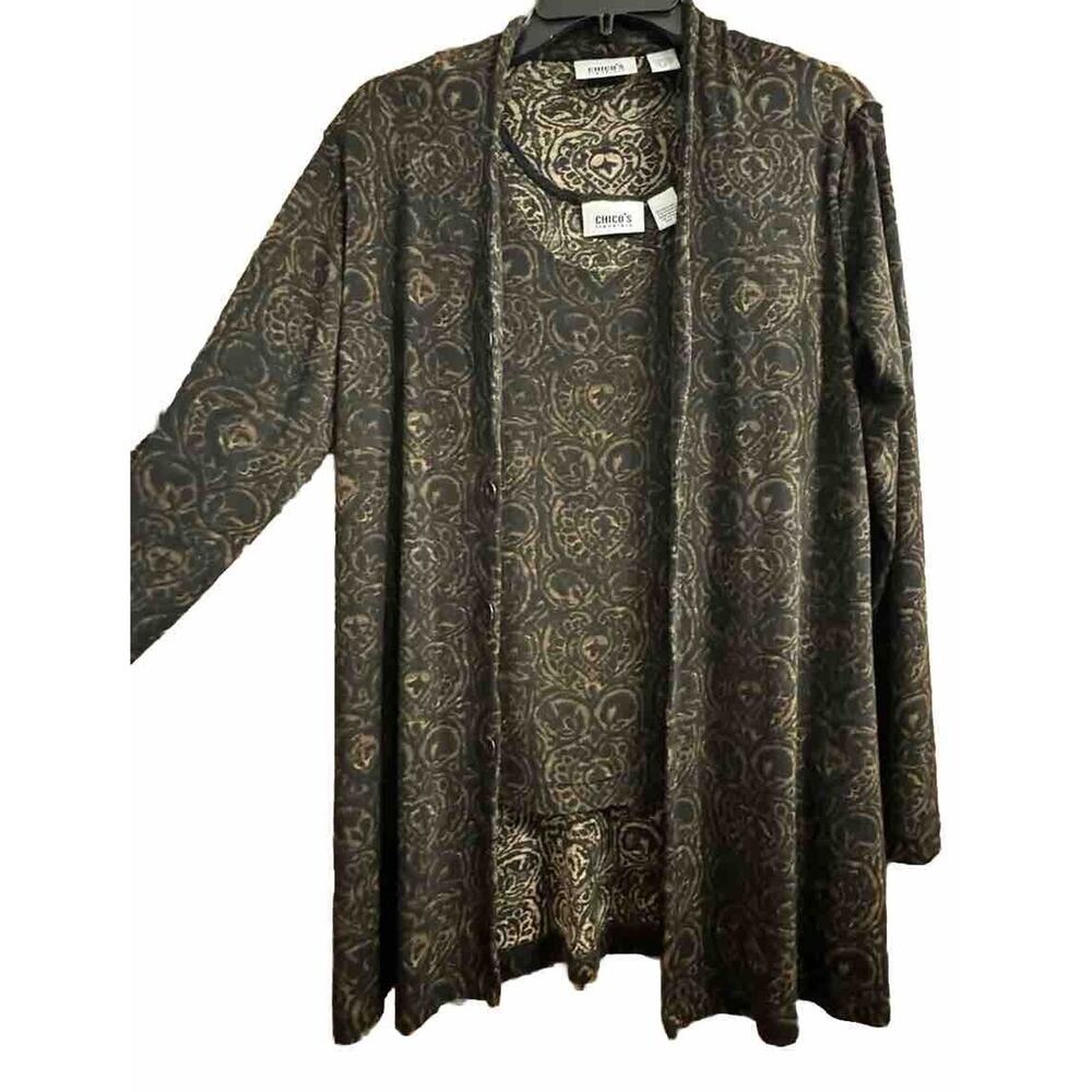 Chicos Travelers Cardigan Tank Set Sz 1 Brown Black Damask Broken Button
